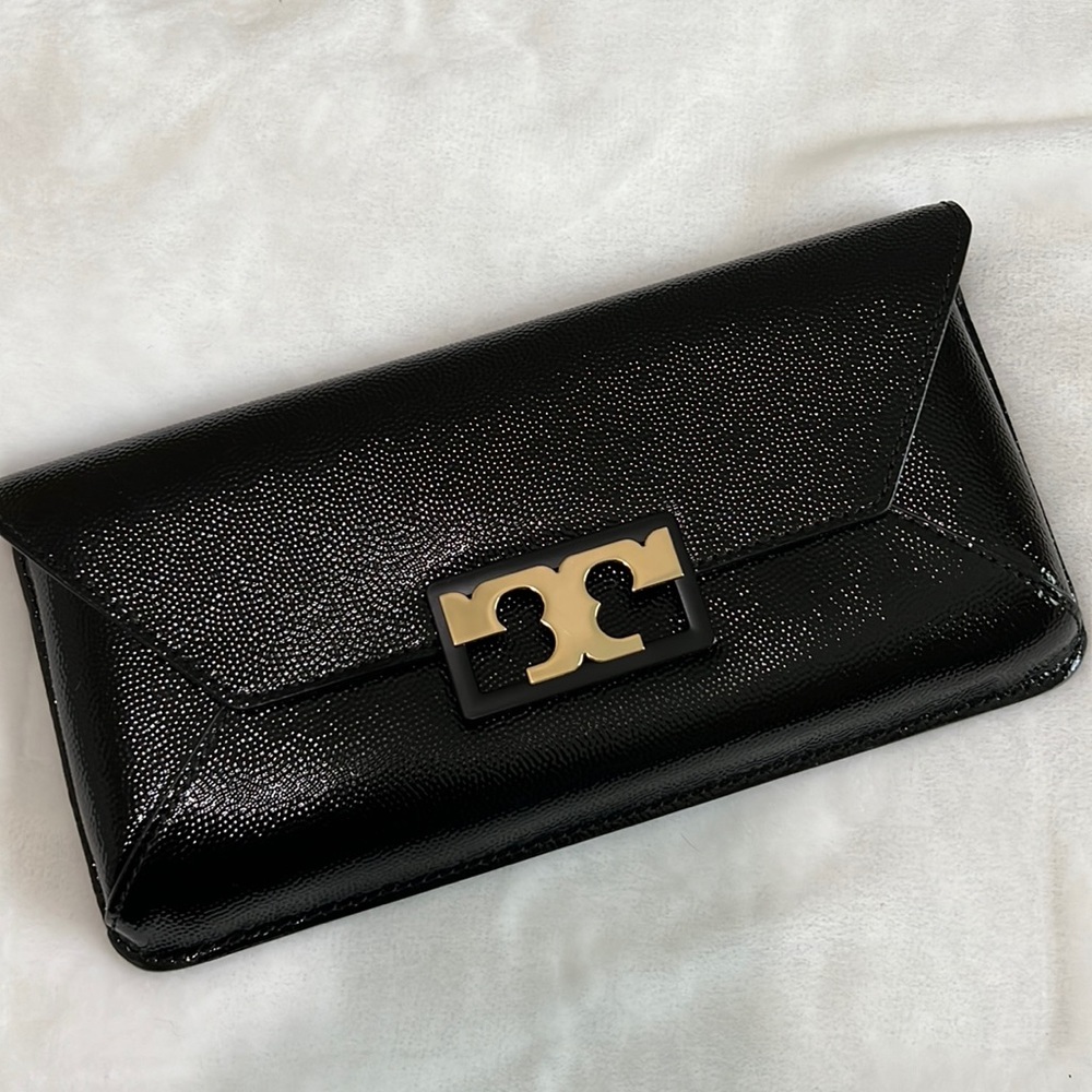 Tory Burch Gigi Patent Leather Clutch Bag Purse Gold Hardware Black